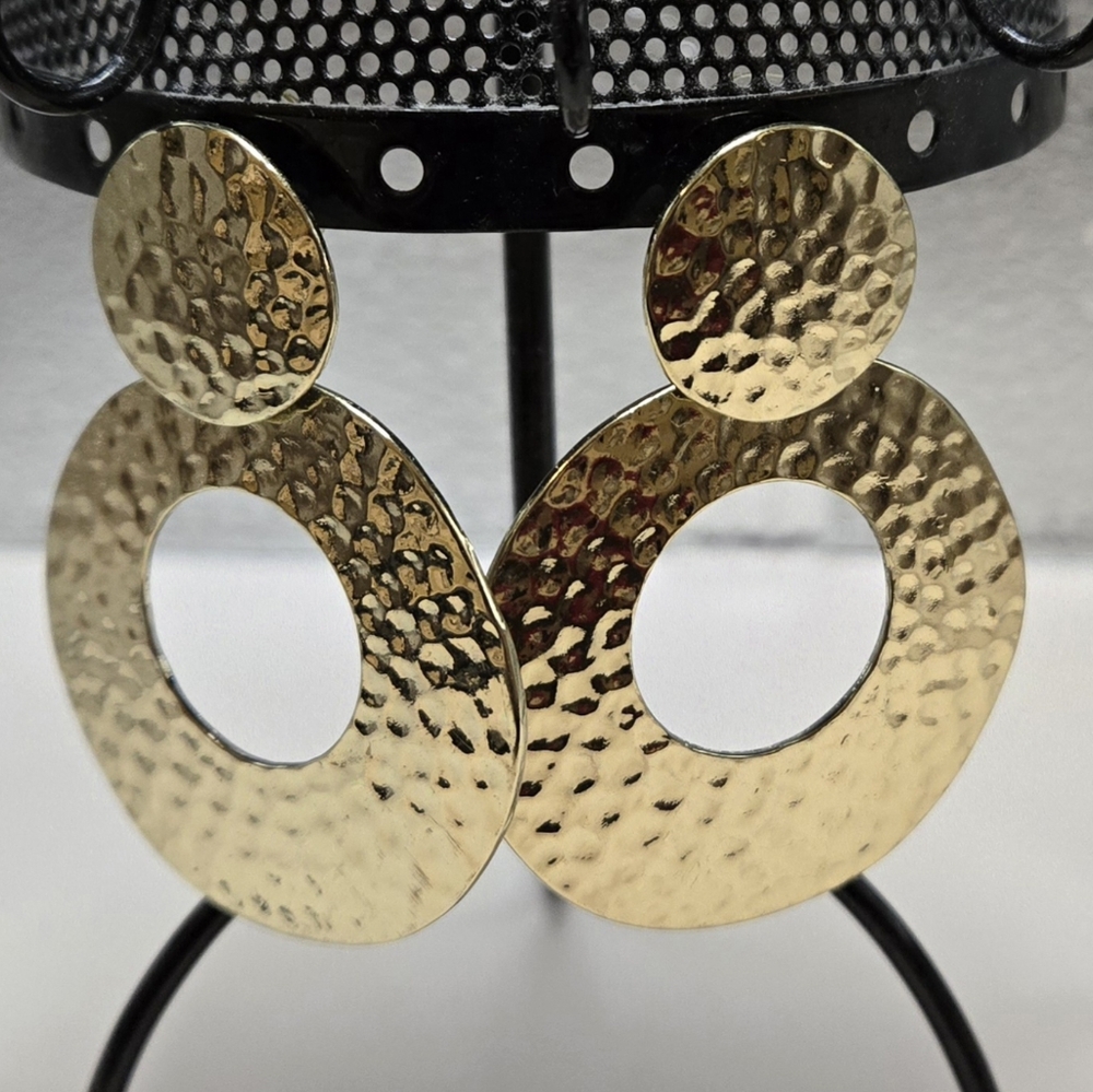 CN Gold Tone Earrings Hammered Circles Vintage 80s